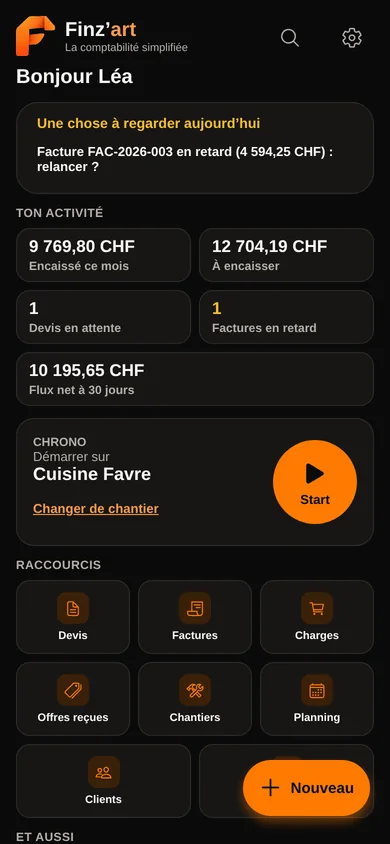 La vue d’ensemble : encaissé ce mois, à encaisser, devis en attente, factures en retard et les raccourcis.