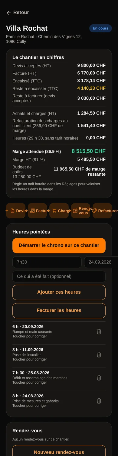 La fiche d’un chantier : facturé, encaissé, achats, heures, marge et documents rattachés.