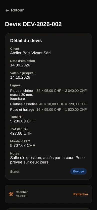 Le détail d’un devis envoyé : lignes, totaux, TVA, validité et notes pour le client.