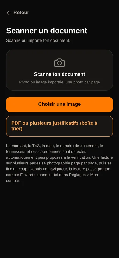 L’écran de scan de l’application : photographier ou importer un justificatif.