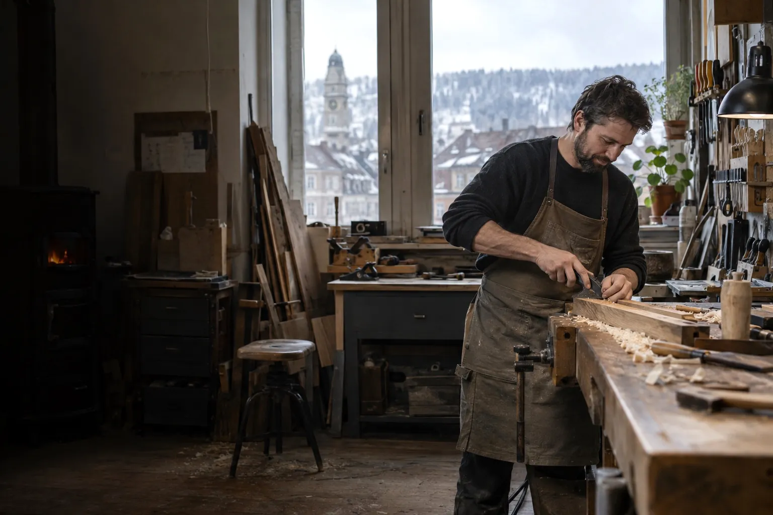Un menuisier travaille une pièce de bois à l’établi, dans son atelier.