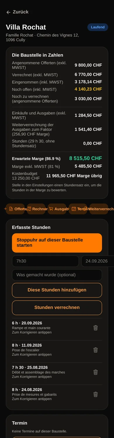 Die Karte einer Baustelle: fakturiert, eingenommen, Einkäufe, Stunden, Marge und zugeordnete Dokumente.
