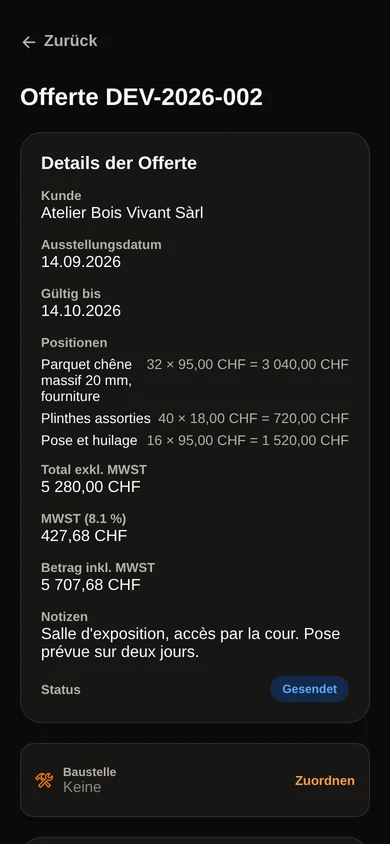 Das Detail einer gesendeten Offerte: Positionen, Totale, MWST, Gültigkeit und Notizen für den Kunden.