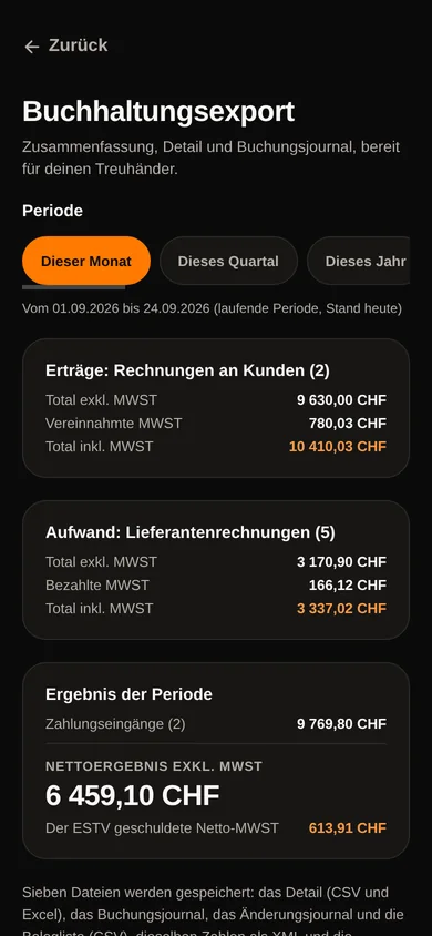Der Export für das Treuhandbüro: Einnahmen, Ausgaben und Ergebnis der Periode, CSV- und Excel-Dateien.