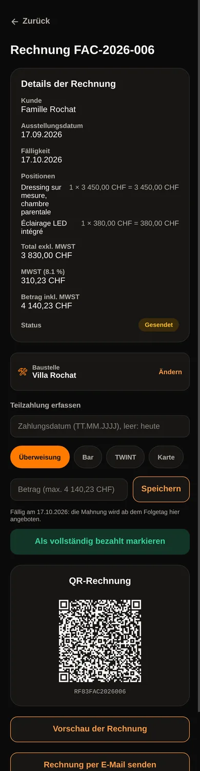 Die Verfolgung einer Rechnung: Positionen, Beträge, bereits bezahlt, Restsaldo, QR-Rechnung und erfasste Zahlungen.