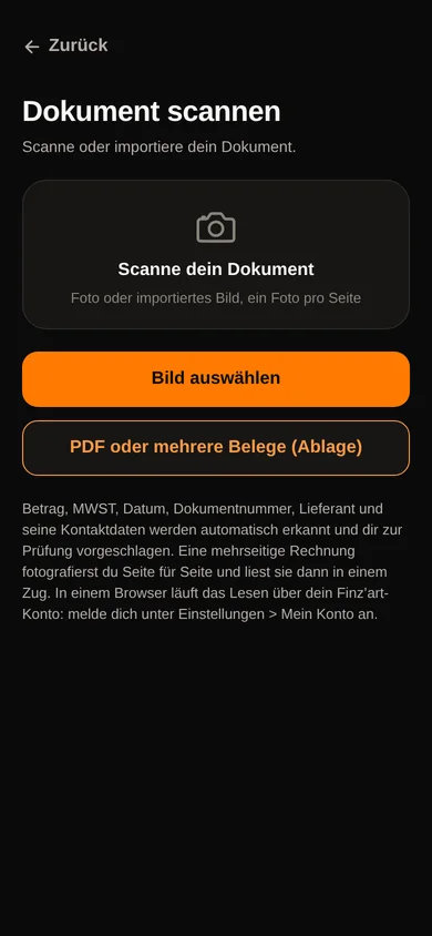 Der Scan-Bildschirm der App: einen Beleg fotografieren oder importieren.