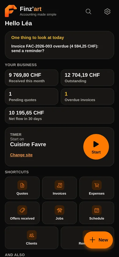 The overview: collected this month, outstanding, pending quotes, overdue invoices and the shortcuts.