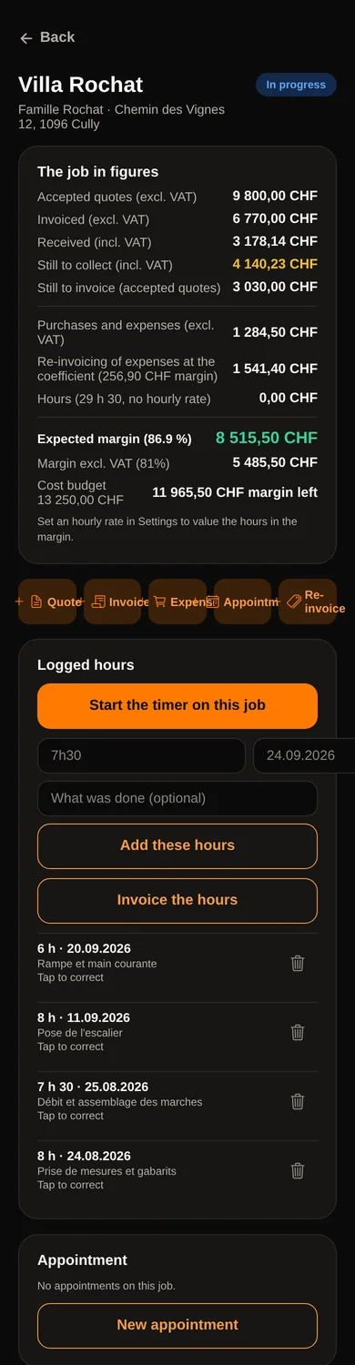 A project card: invoiced, collected, purchases, hours, margin and attached documents.