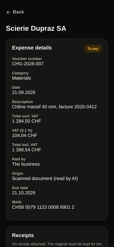 The filed expense: category, amounts, scanned origin, due date and attached project.