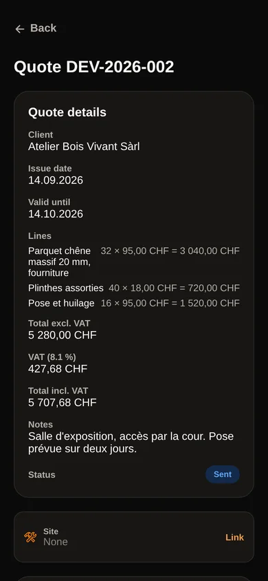 The detail of a sent quote: lines, totals, VAT, validity and notes for the client.
