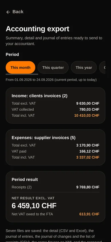 The export for the accountant: income, expenses and result for the period, CSV and Excel files.
