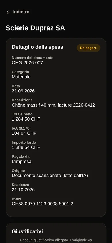 La spesa archiviata: categoria, importi, origine scansionata, scadenza e cantiere collegato.