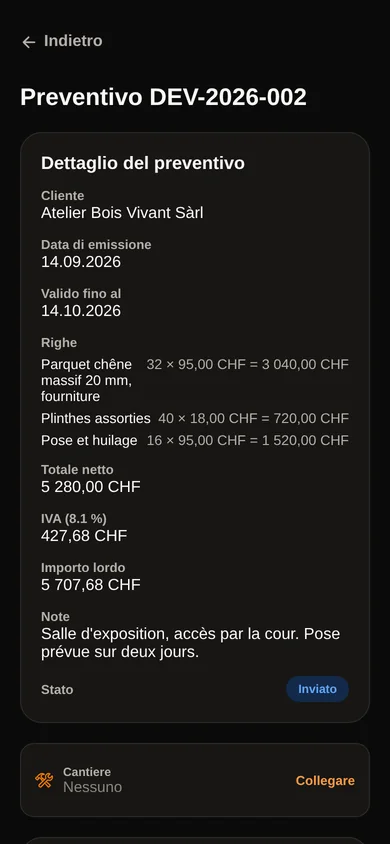 Il dettaglio di un preventivo inviato: righe, totali, IVA, validità e note per il cliente.