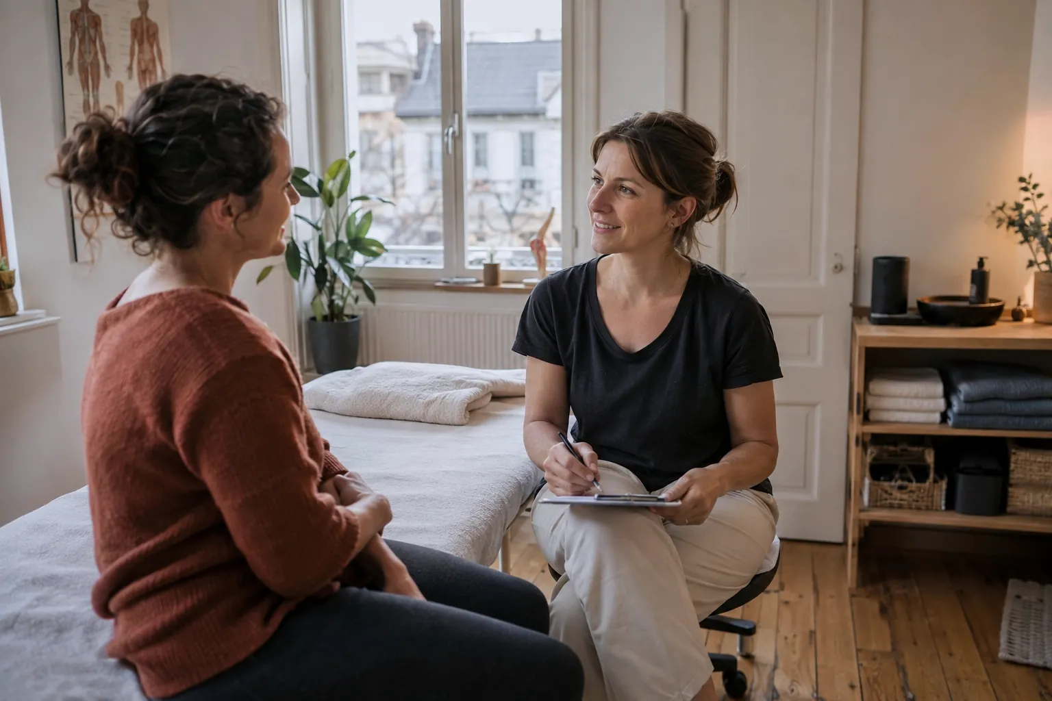 Une thérapeute prend des notes pendant un entretien avec une cliente, dans son cabinet.